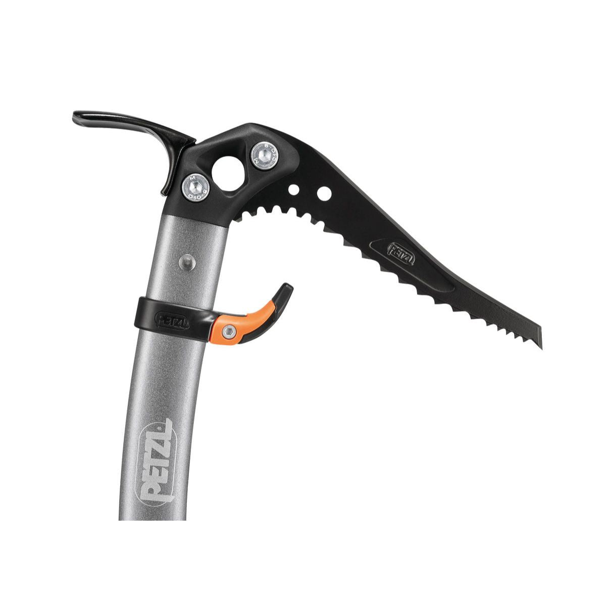 Petzl Trigrest trigger for summit ice axes in black and orange showing trigger at top