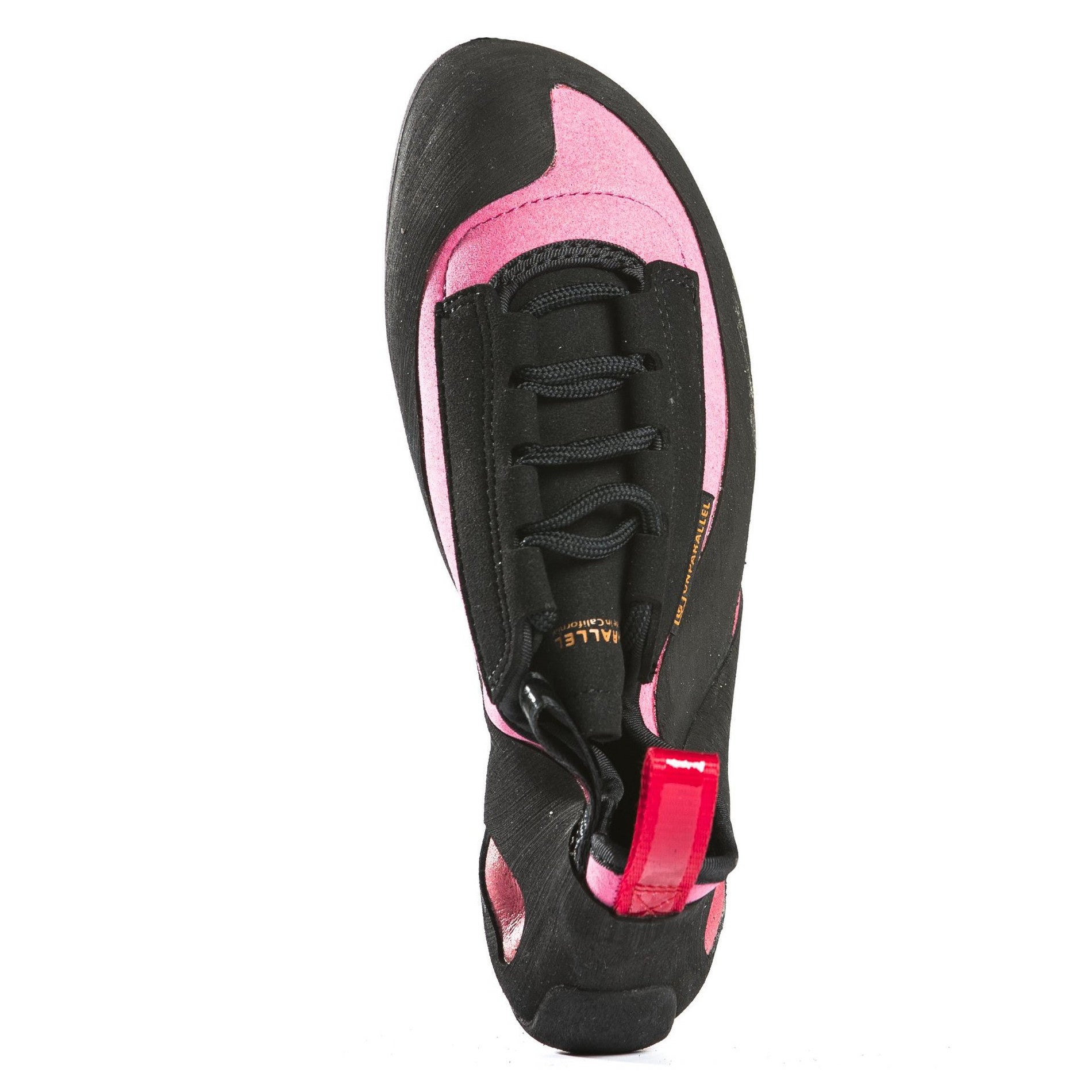 Unparallel Up Lace LV climbing shoe in pink showing the lace up closure and rear pull tab