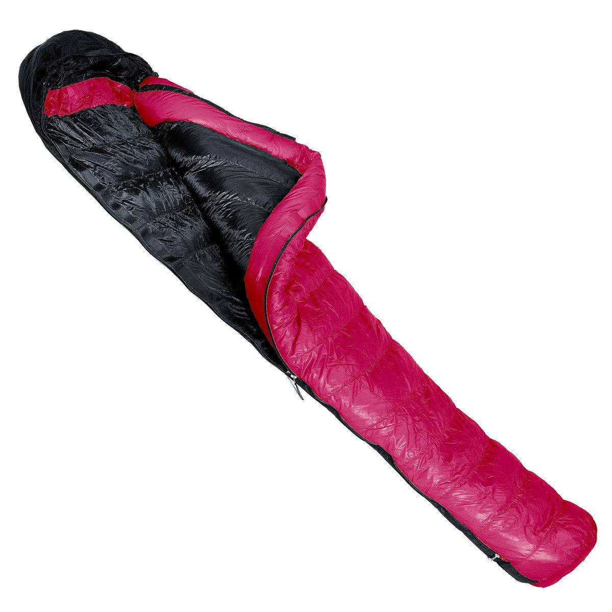 Western Mountaineering Alpinlite down sleeping bag, shown partially opened in pink with black lining
