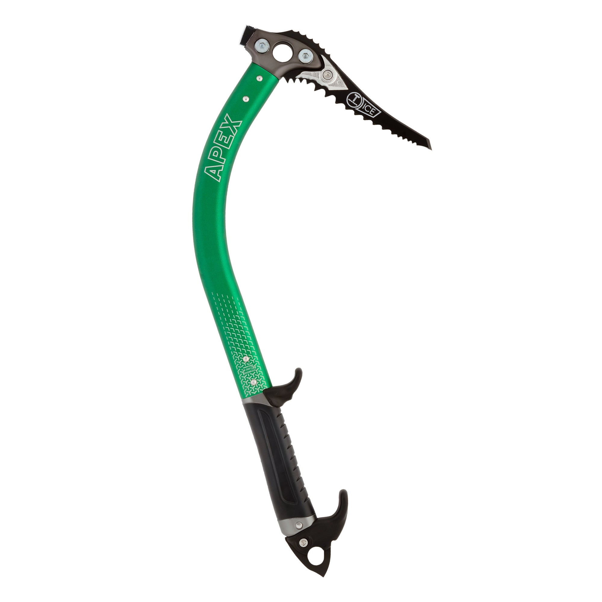 DMM Apex Ice Axe, side view shown in green and black colours