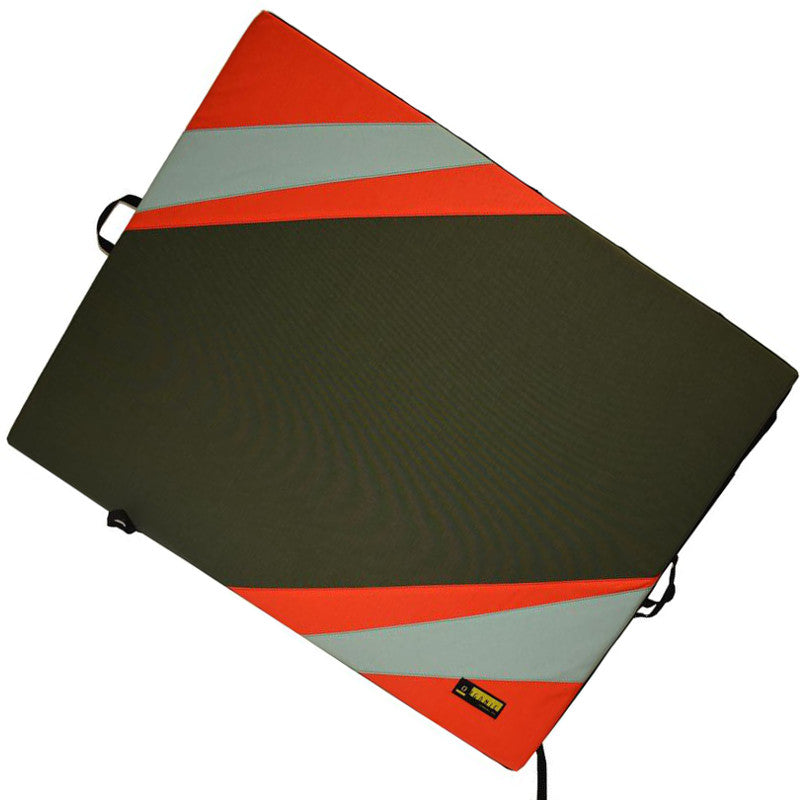 Organic Big Pad bouldering pad, shown laid flat in black, red and grey colours