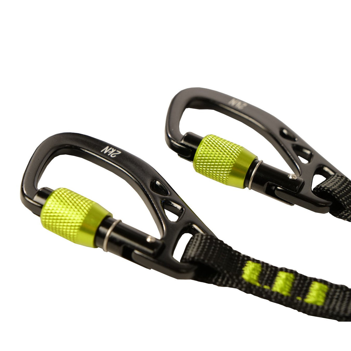 Close Up view of the Black Diamond Spinner Leash locking carabiners in Green and Black