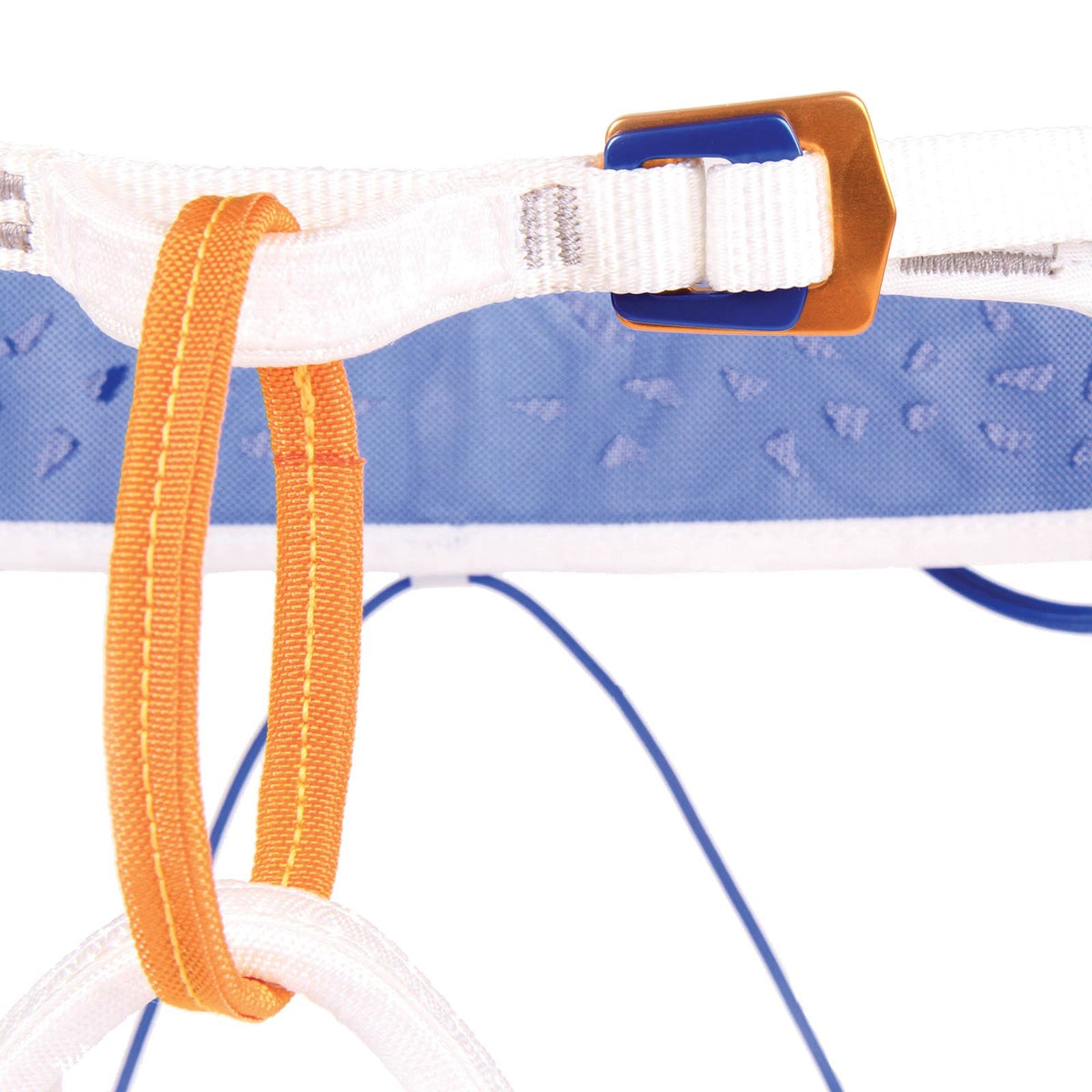 Blue Ice Addax Harness, close up of the orange coloured belay loop