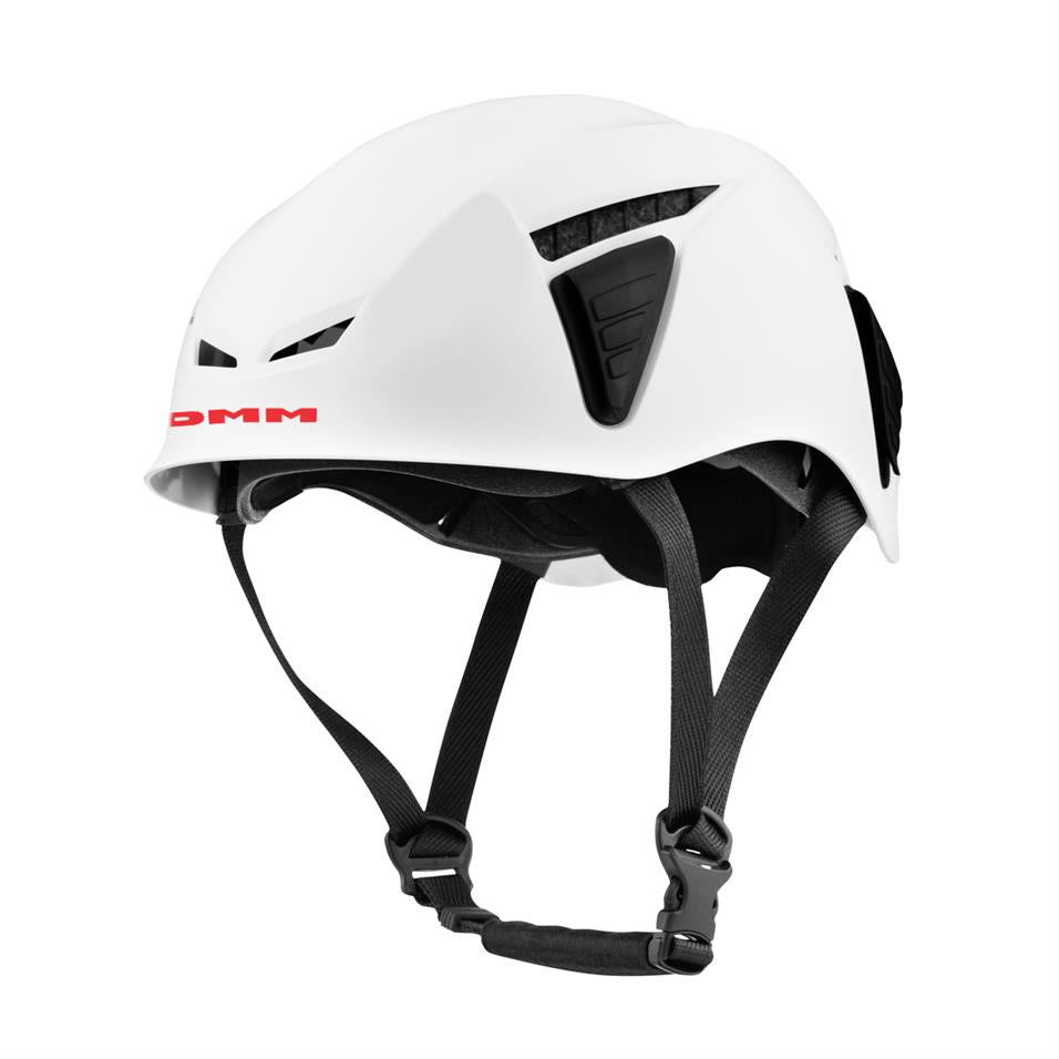 DMM Coron iD climbing helmet, front/side view in white colour with black straps