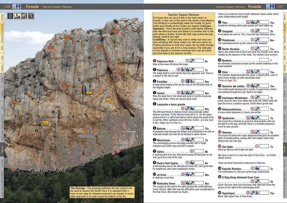 Spain: Costa Blanca guide, example inside pages showing photo-topos and route descriptions