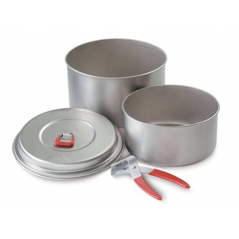 MSR Titan 2 Pot camping cookware Set, showing the pans, the lid and the handle