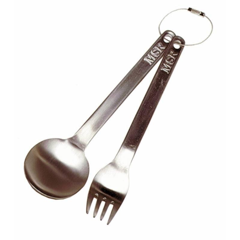 MSR Titan camping Fork and Spoon, in silver colour shown side by side