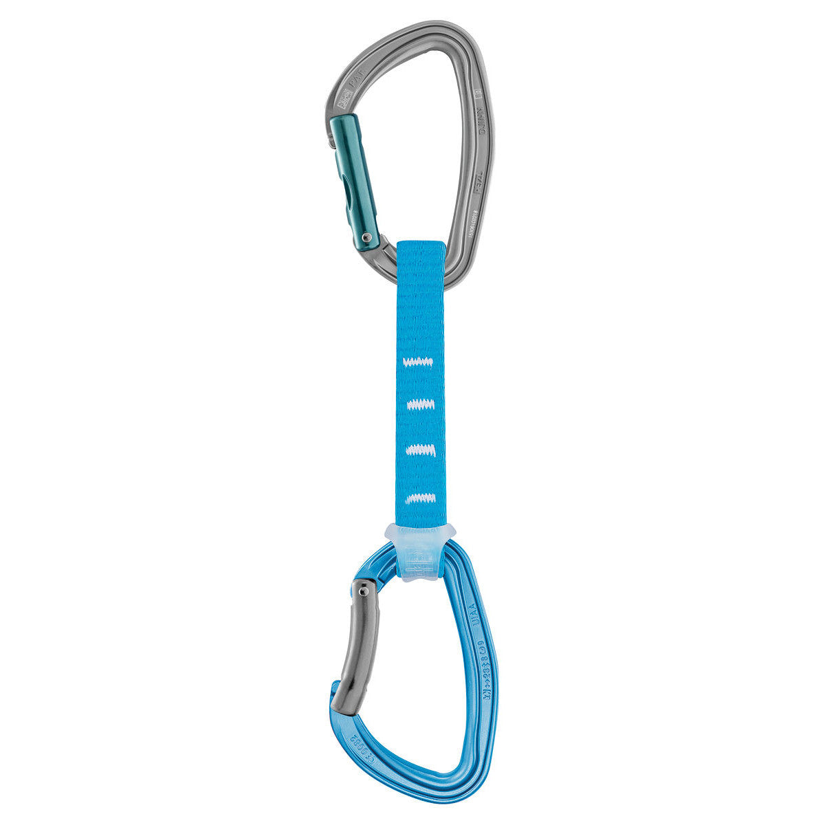 Petzl Djinn Axess Quickdraw 12cm, with a blue sling and a blue and silver carabiner