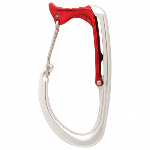 Front view of the DMM Vault Wire Gate carabiner in Red and Silver