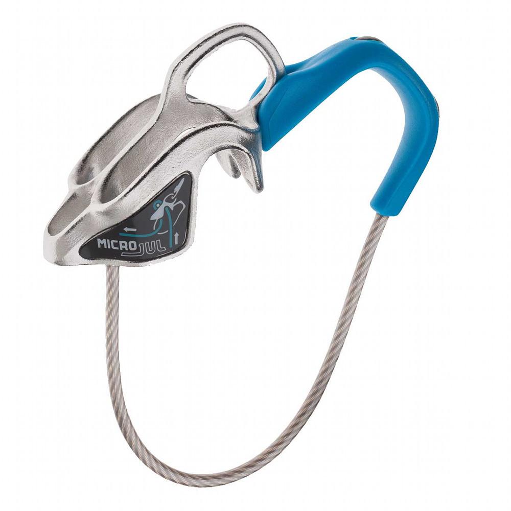 Edelrid Micro Jul belay device, shown side on in blue and silver colours
