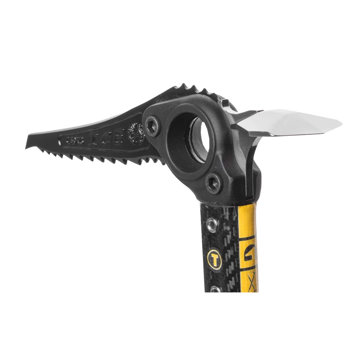 Grivel Adze Vario shown attached to black and yellow Grivel Ice Axe