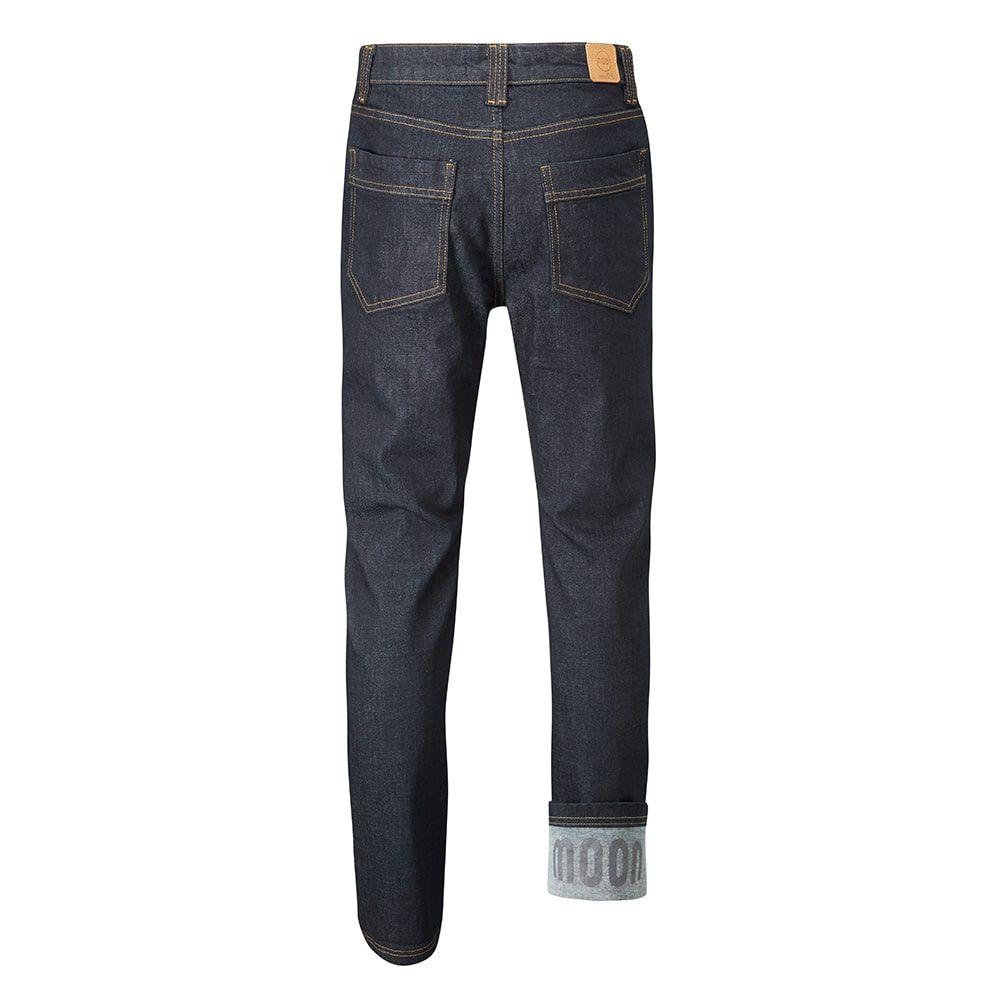 Rear of Moon Hubble X Slim Fit Denim Climbing Jeans with upturn showing logo