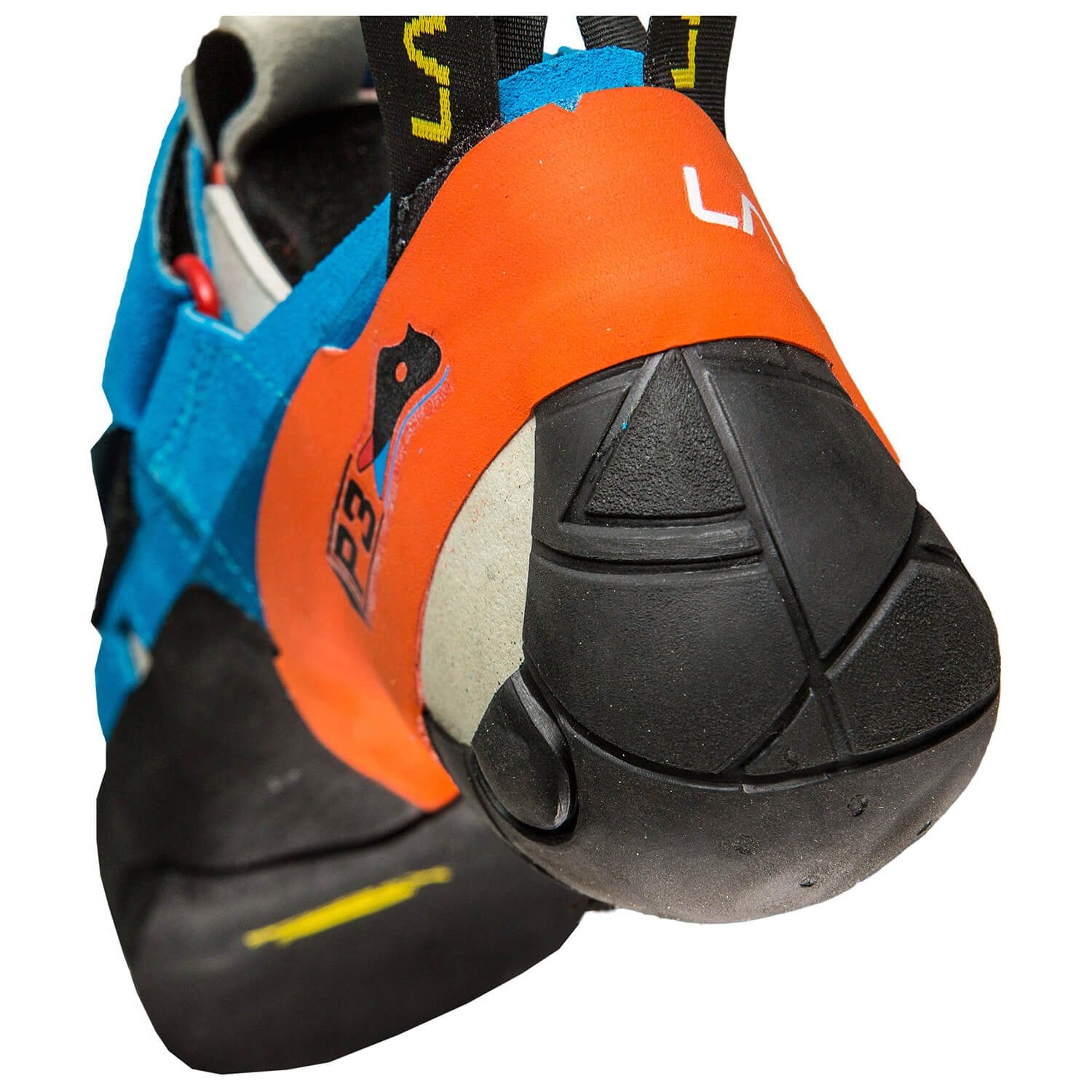 La Sportiva Otaki climbing shoe, in black, orange and blue colours