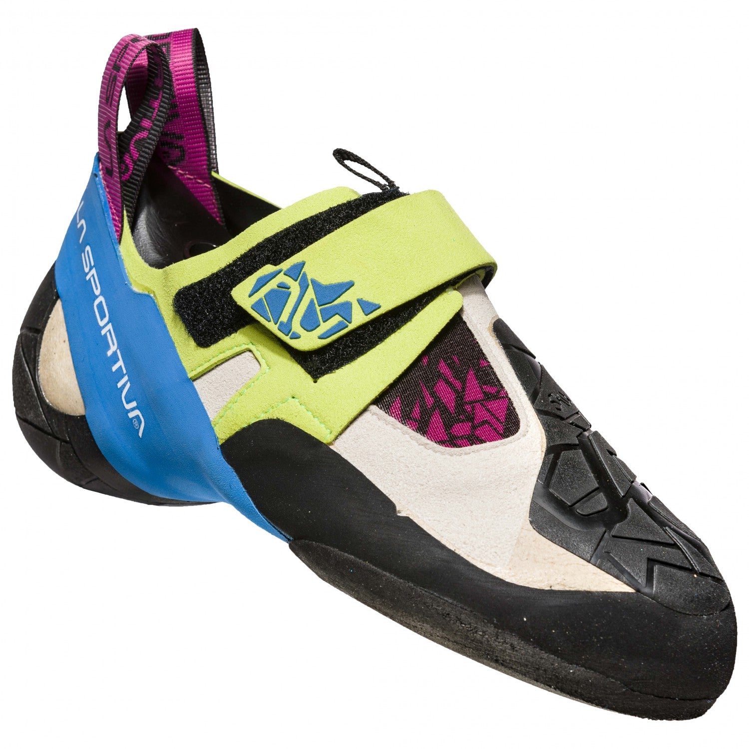 La Sportiva Skwama Women's climbing shoe, in black, blue and green colours