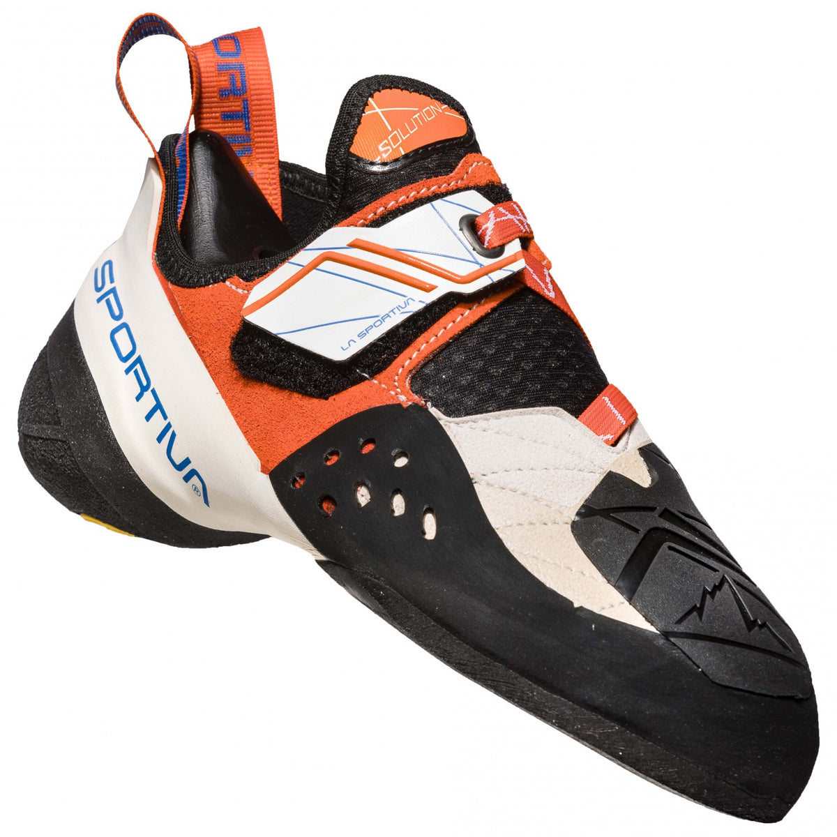 La Sportiva Solution Women&#39;s climbing shoe, in black, White and orange colour as seen from the side