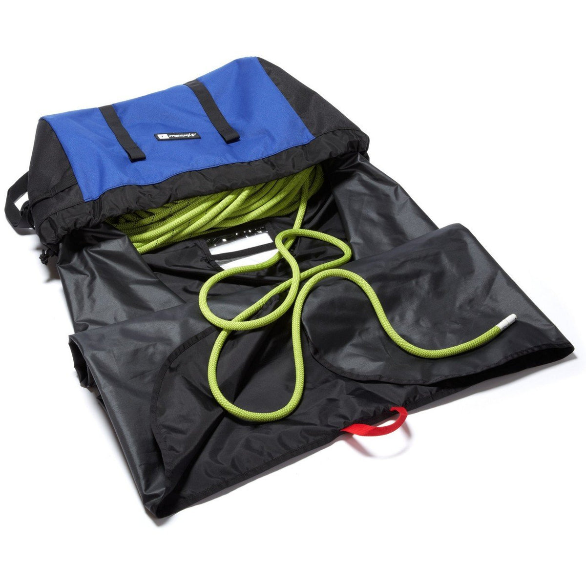 Metolius Ropemaster HC rope climbing bag, shown open with green rope