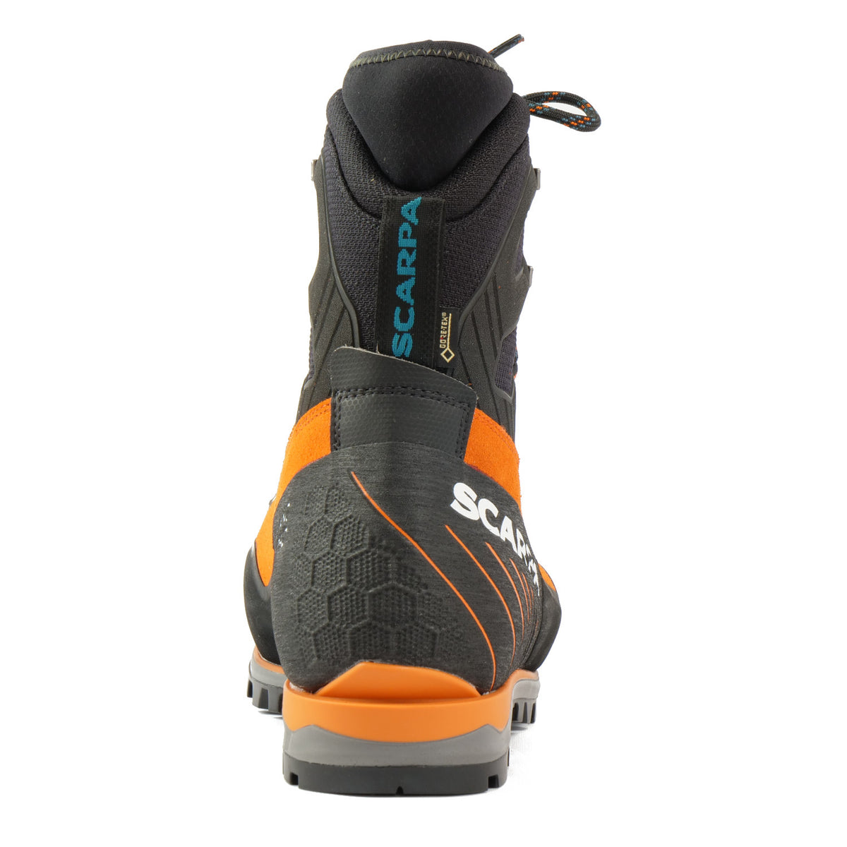Rear view of the Scarpa Mont Blanc Pro GTX with orange Perwanger outer and black &amp; grey AC sole unit and blue Scarpa logo on the pull tap