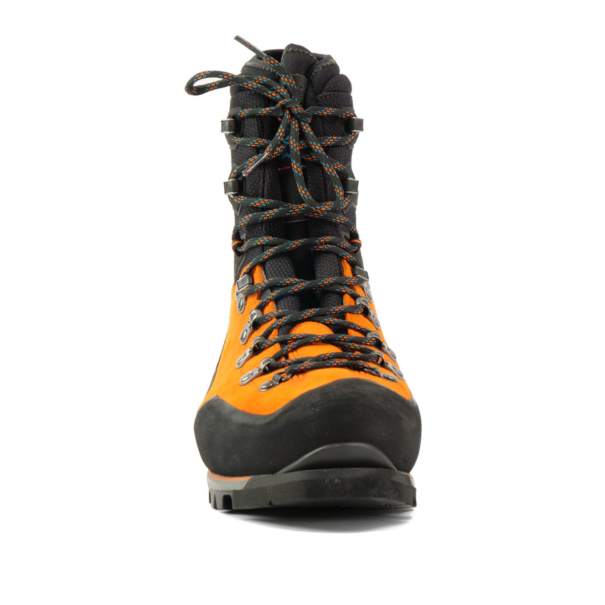 Front view a Scarpa Mont Blanc Pro GTX with orange Perwanger outer and black rubber and flexible sock and tongue