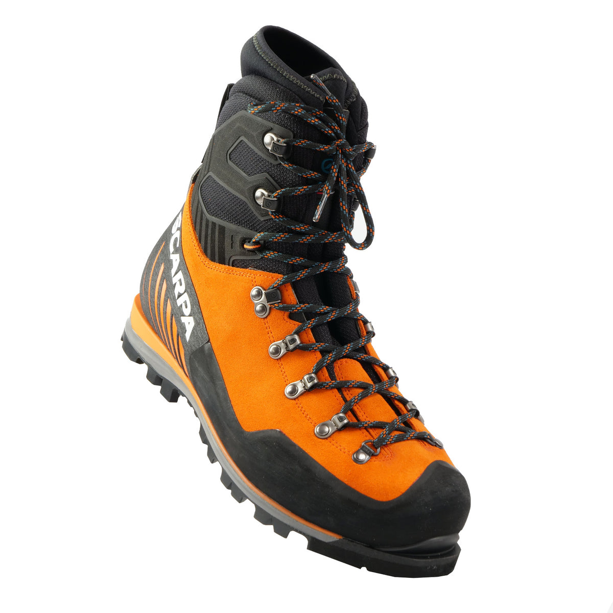 Front view a tilted Scarpa Mont Blanc Pro GTX with orange Perwanger outer and black rubber and flexible sock and tongue
