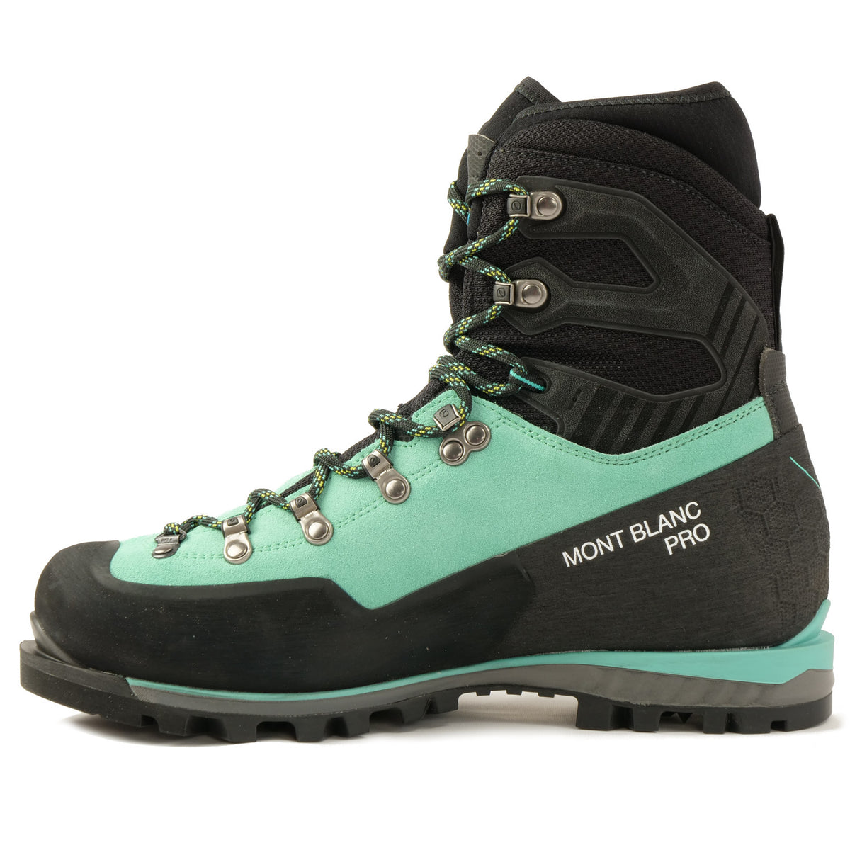 Side view of the Scarpa Mont Blanc Pro GTX Womens with Mint Green Perwanger outer and black rubber and flexible sock and Small Mont blanc pro written in white on the side of the shoe 