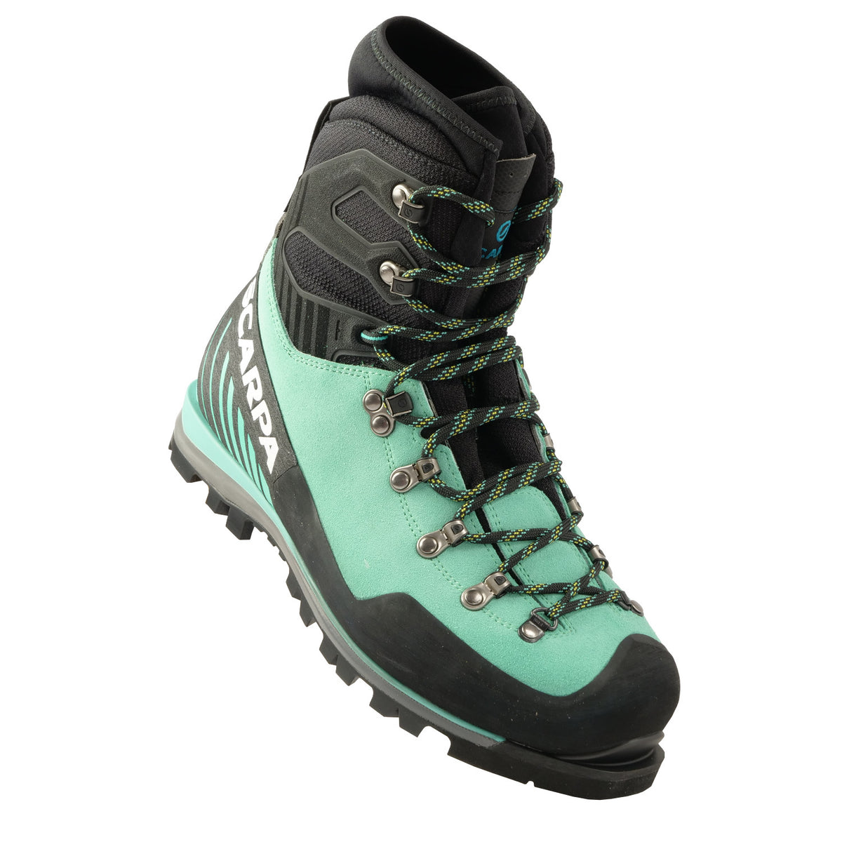 Front view a tilted Scarpa Mont Blanc Pro GTX Womens with Mint Green Perwanger outer and black rubber and flexible sock and tongue