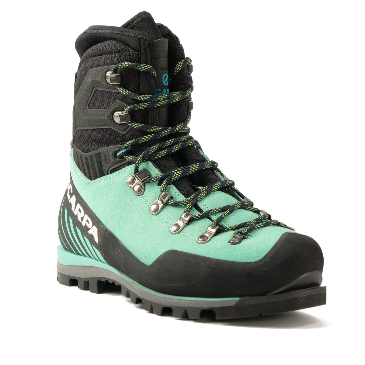 Front view of the Scarpa Mont Blanc Pro GTX Womens with Mint Green Perwanger outer and black rubber and flexible sock and tongue