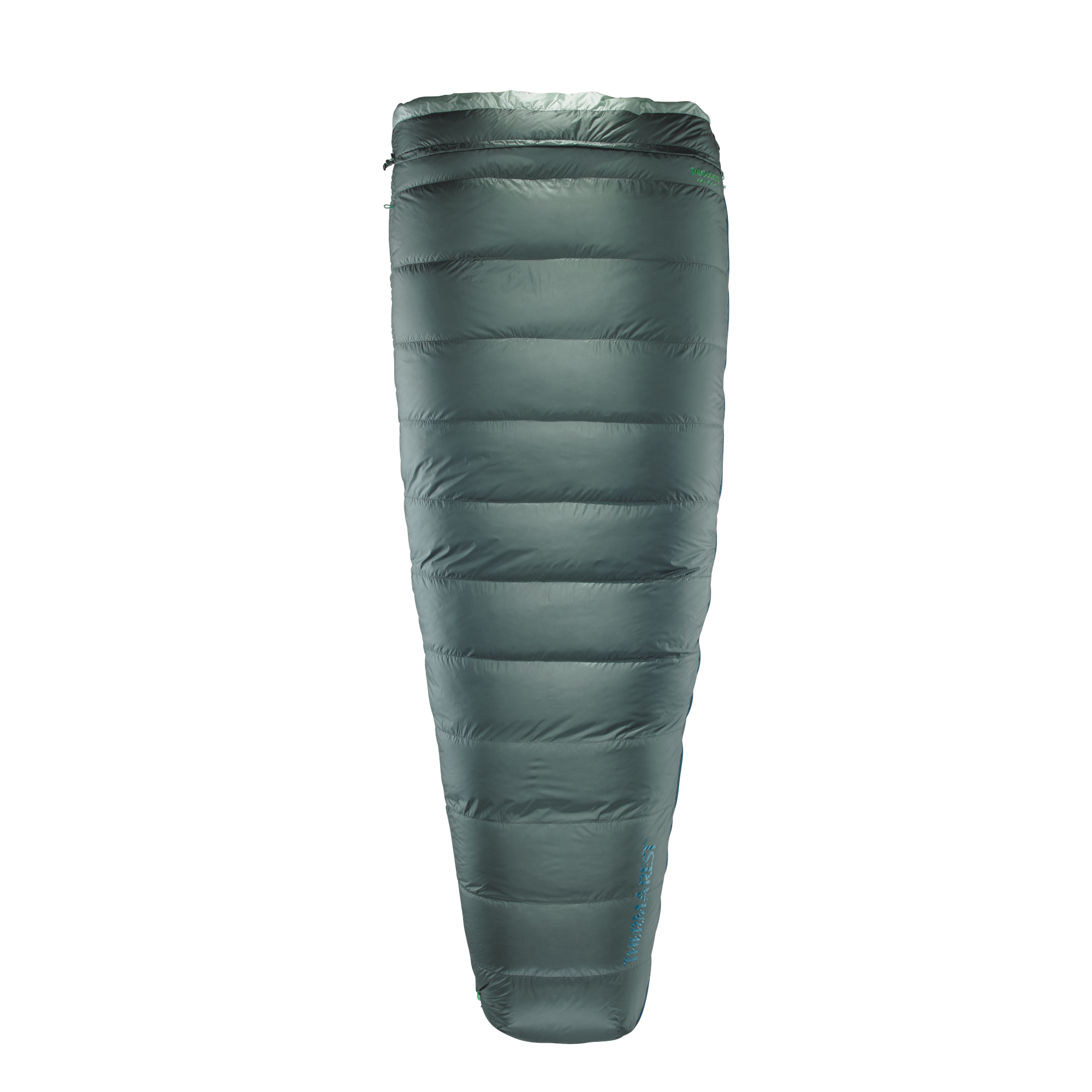 Thermarest Ohm 20F/-6C sleeping bag in Balsam colour showing open zip