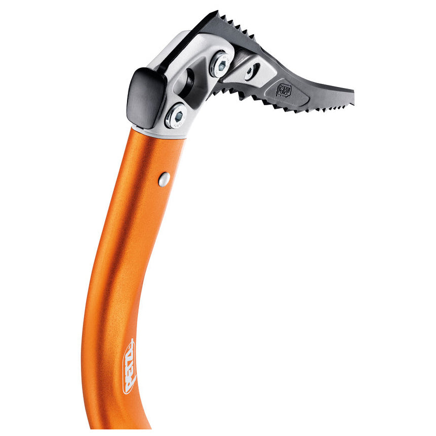 Petzl Ergonomic Ice Axe, side view shown in orange and black colours