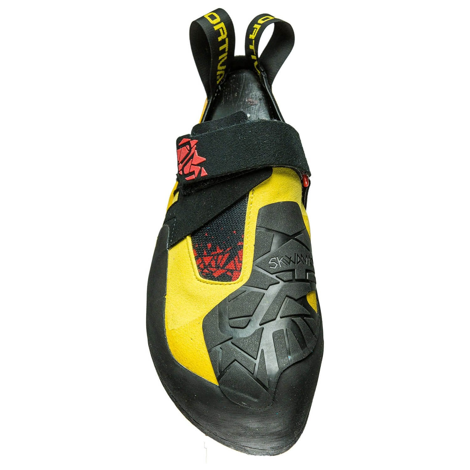La Sportiva Skwama climbing shoe, in black, yellow and red colours