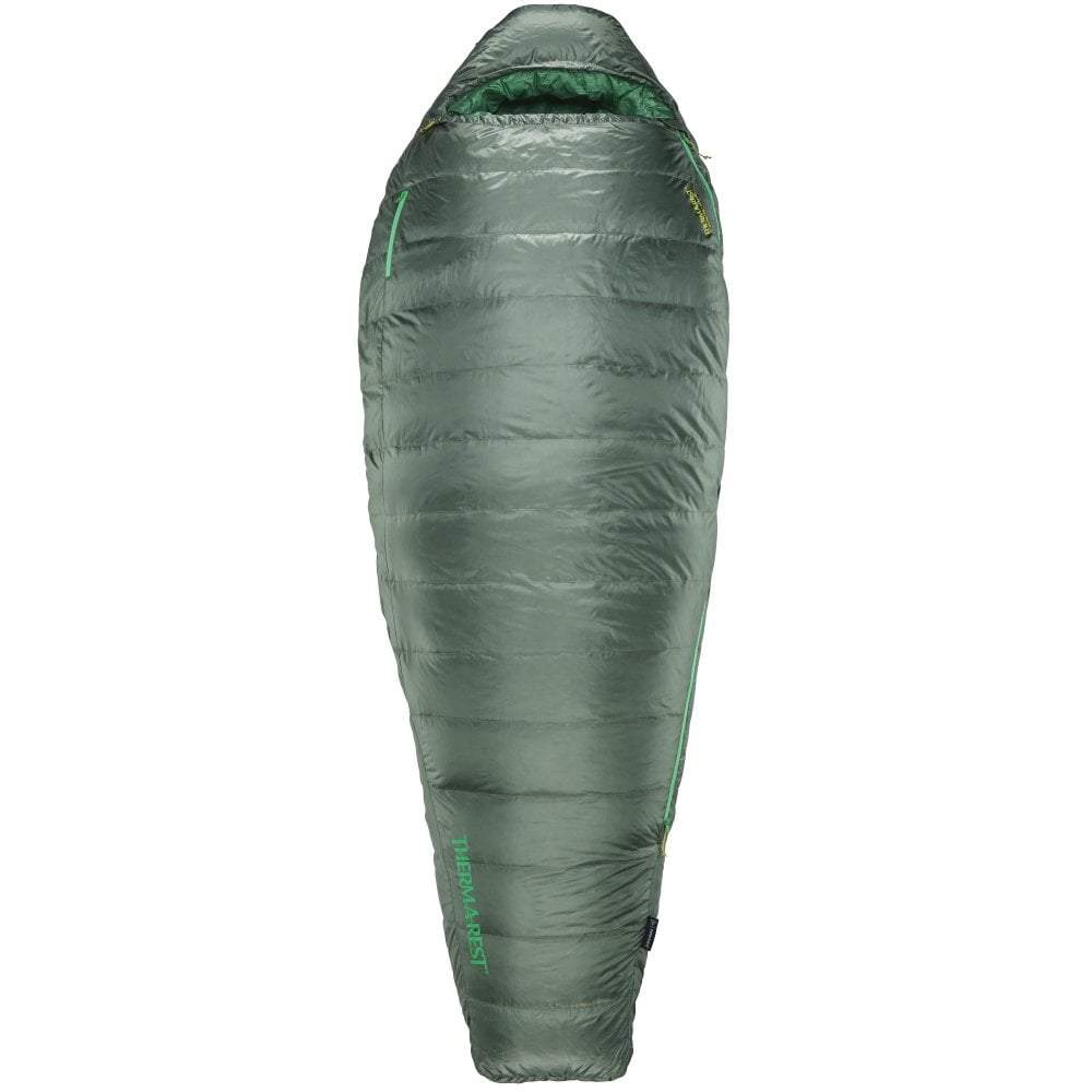 Thermarest Questar 32F/0C sleeping bag in dark green zipped up
