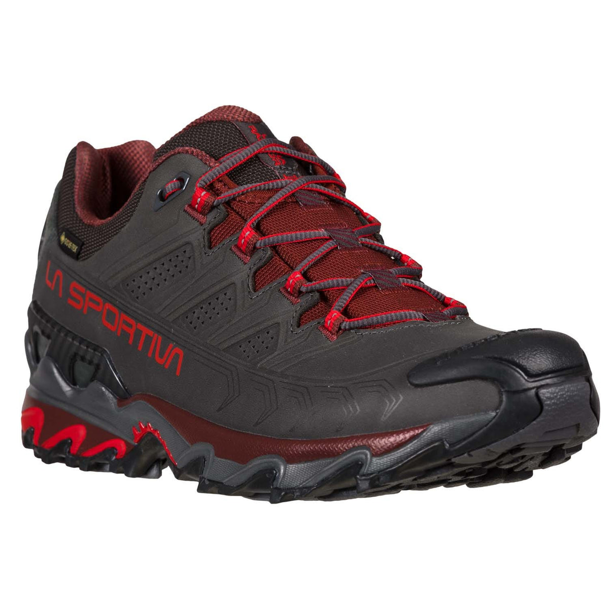 La Sportiva Ultra Raptor ll LTHR GTX in Carbon Spice colour, side on view showing logo