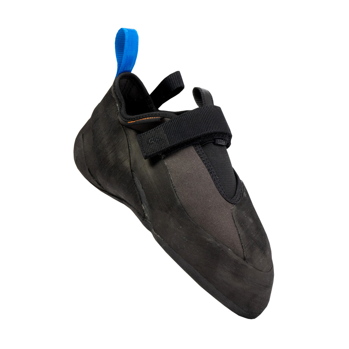 Tilted Unparallel Regulus climbing shoe showing the Large rubber toe patch and slipper construction