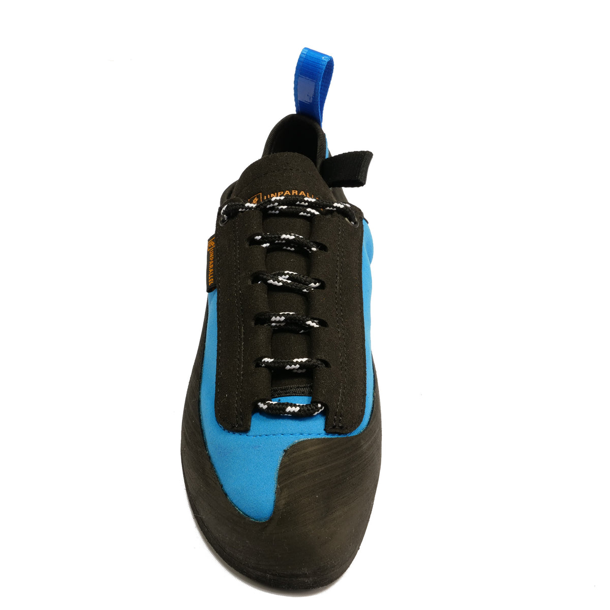 Tilted front view of the Unparallel Up Lace climbing shoe in Blue and black 