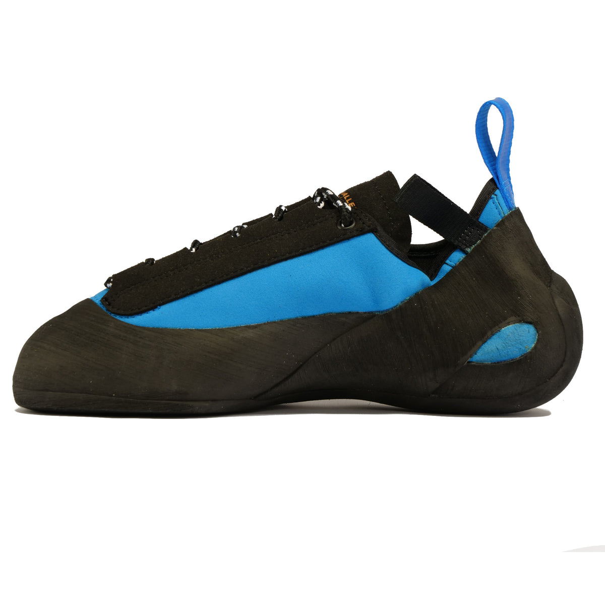 outer side view of the Unparallel Up Lace shoe in Blue and black with rear blue pull tab