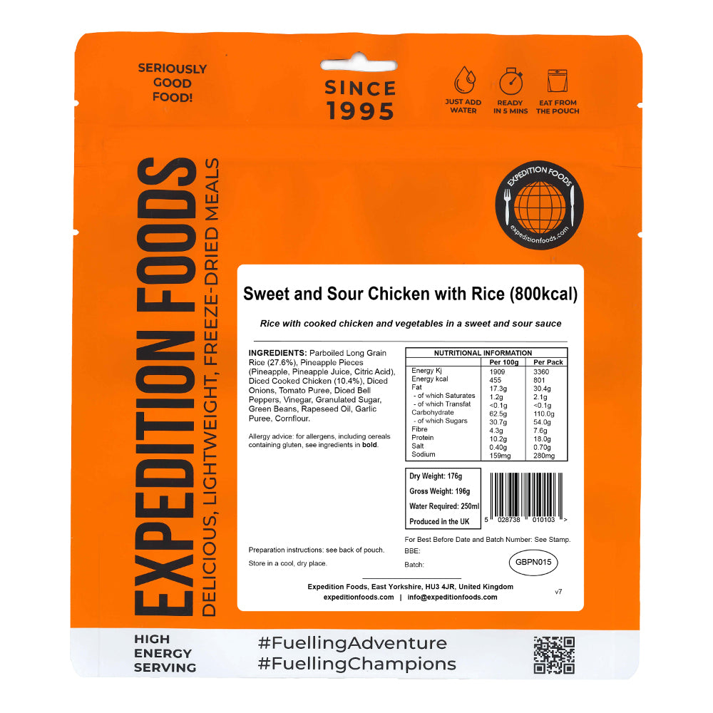 Expedition Foods Sweet and Sour Chicken with Rice, dried food pack showing front cover and bowl of food