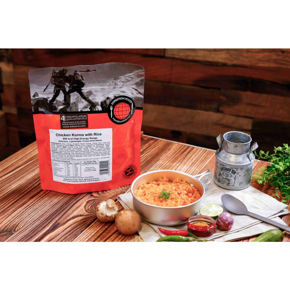 Expedition Foods Chicken Korma with Rice pack, shown on table in pack and in a bowl