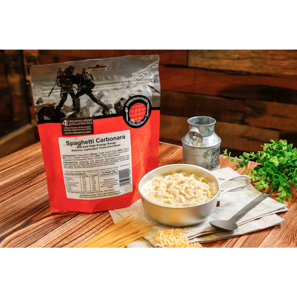 Expedition Foods Spaghetti Carbonara shown in pack and in bowl on a table