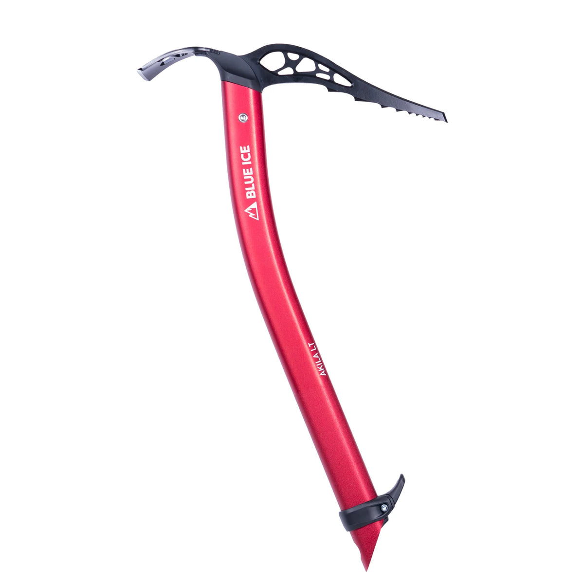 red and black ice axe on a white background with an adze head