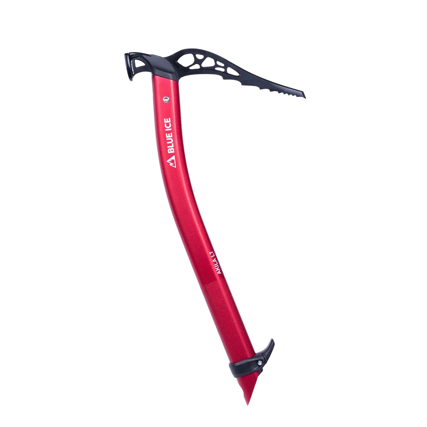 red and black ice axe on a white background with an adze head