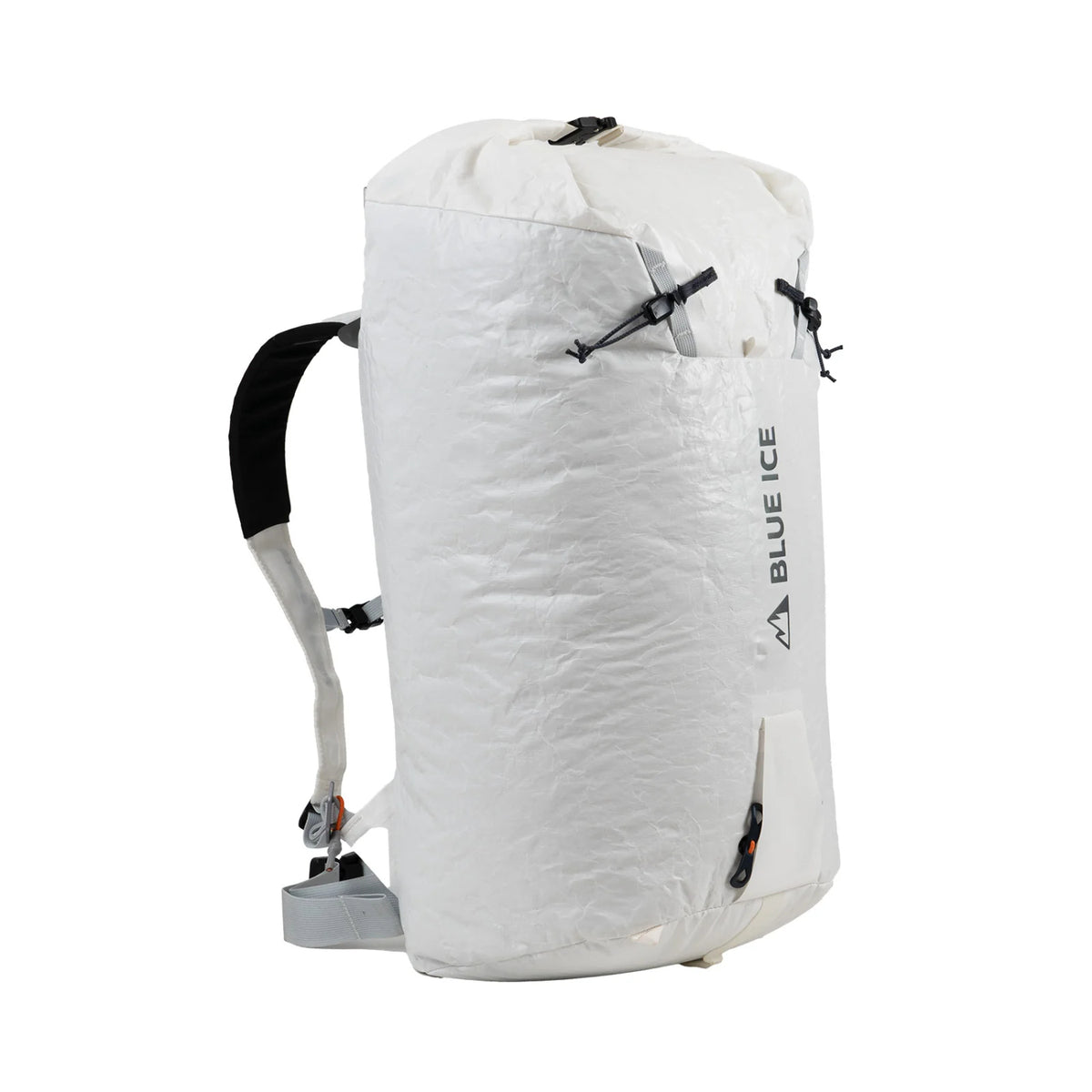 White backpack with visible branding on a white background