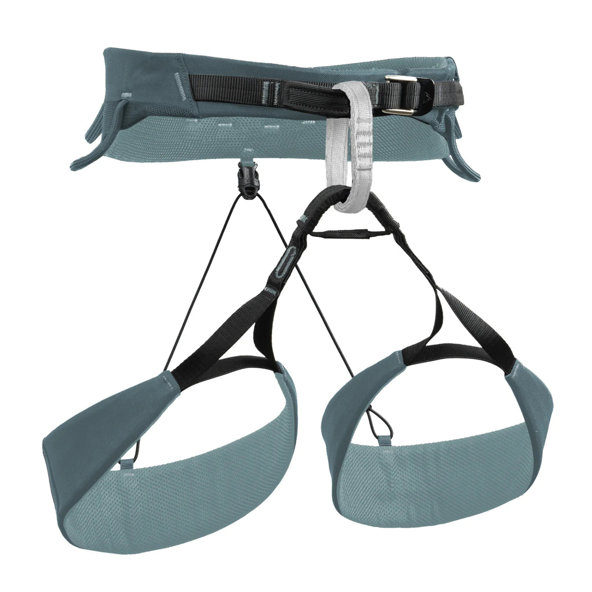 Green climbing harness with multiple straps on a white background