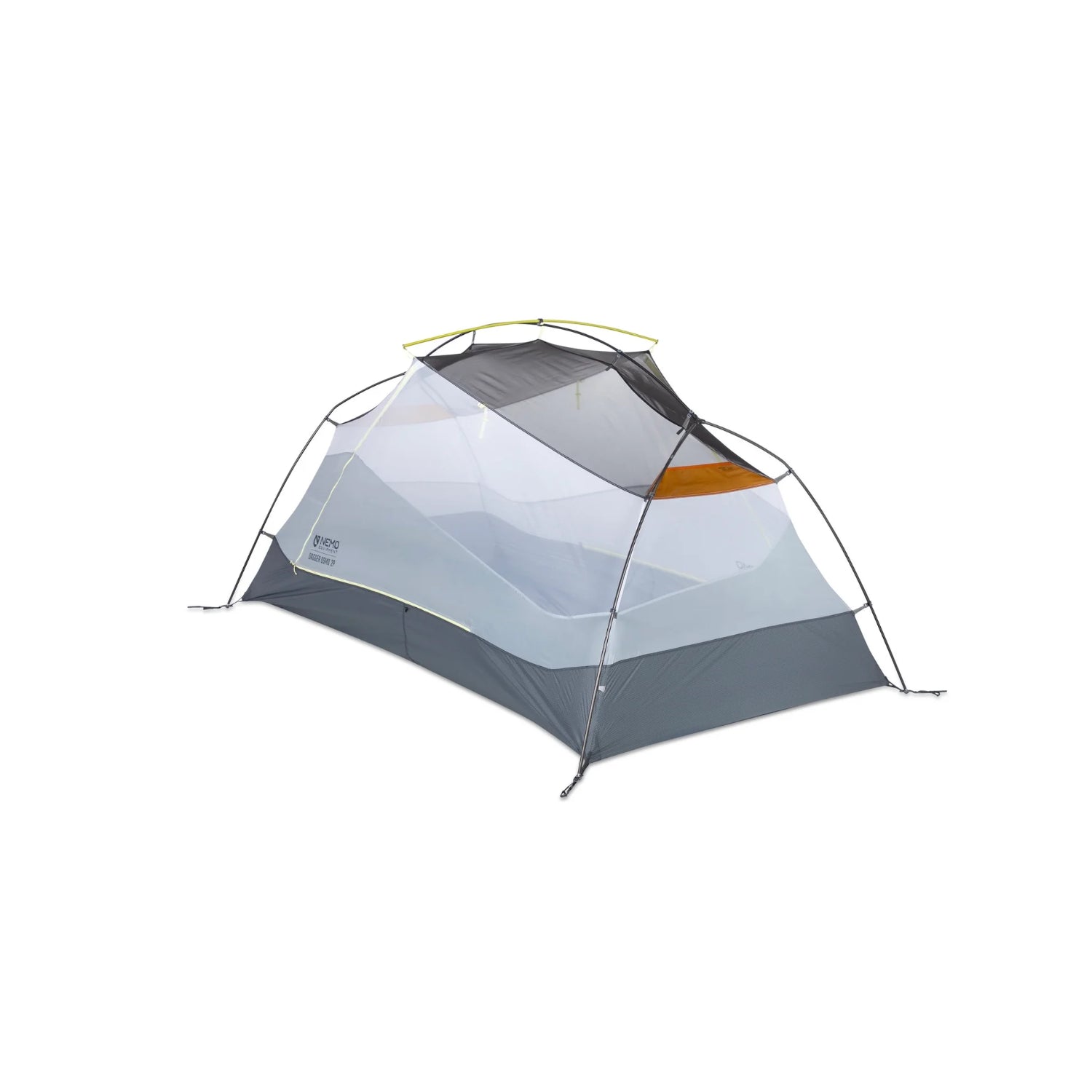 Yellow camping tent with NEMO logo on a white background