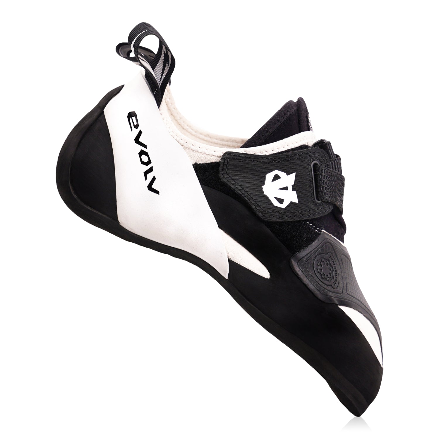 Evolv V6 climbing shoes in black and white