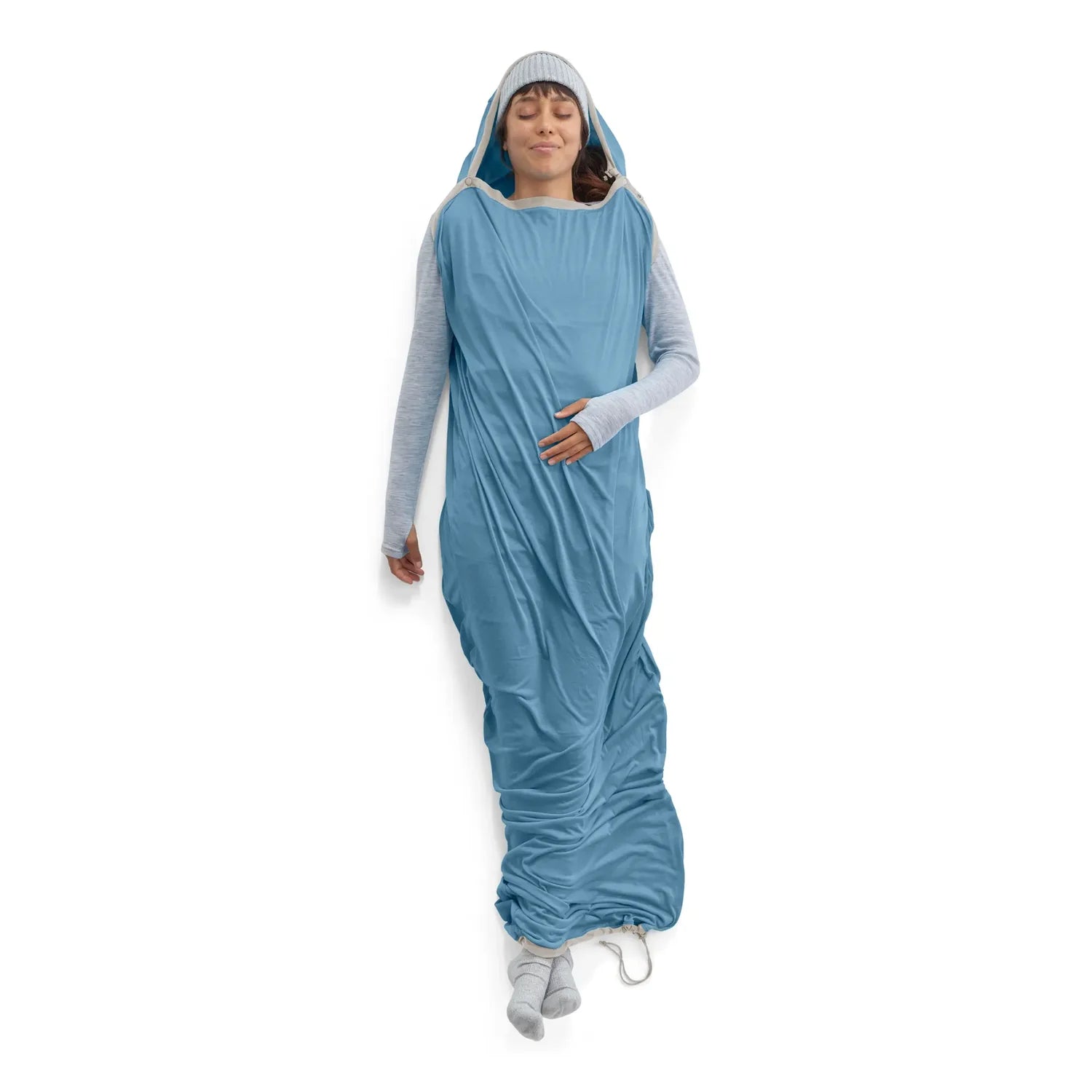 blue sleeping bag liner on a white background