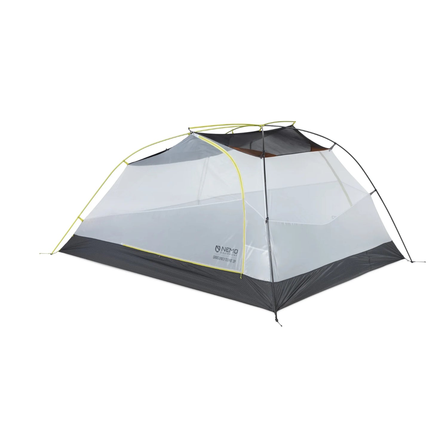 Green camping tent with a white interior on a white background