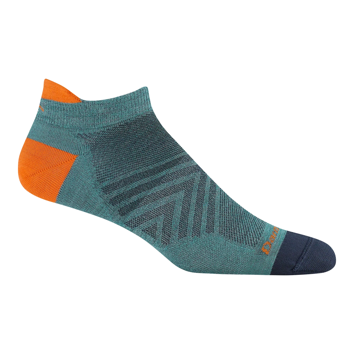 Teal sock with orange accents on a white background