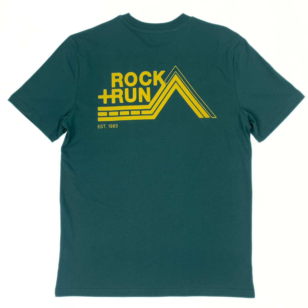 Green t-shirt with yellow 'Rock Run' logo on a white background