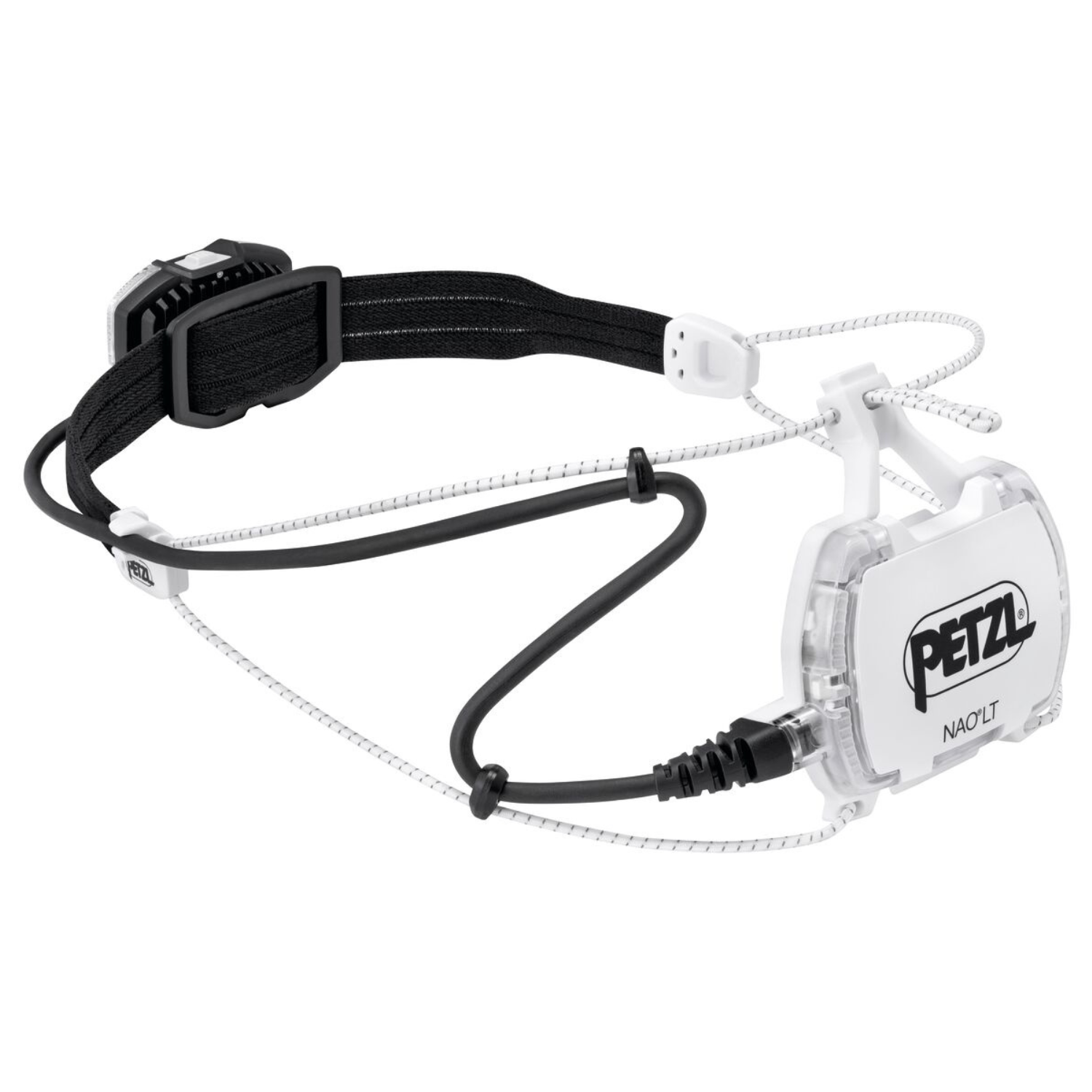 A Petzl headlamp with a black elastic strap, clear front lens, and white safety cords and buckle, shown against a plain white background.