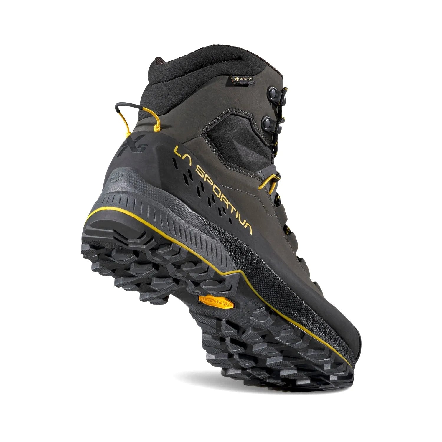 Gray hiking boot with yellow accents on a white background
