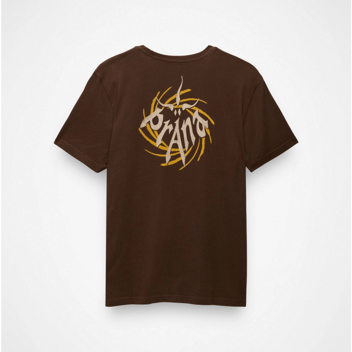 Brown t-shirt with a logo on the back against a white background